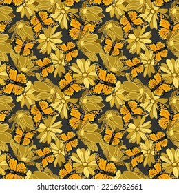 Seamless floral pattern with monarch butterflies in yellow flowers vector illustration 