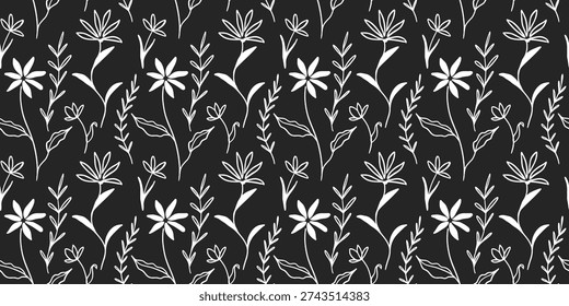 Seamless floral pattern with monochrome botanical motifs. Elegant black and white flowers create vintage design perfect for luxury fabric and wallpaper projects.