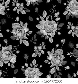 Seamless floral pattern with monochrome flowers rose, buds and leaves on black background. Hand drawn. For textile, wallpapers, print, wrapping paper. Vector stock illustration.