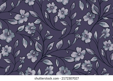 Seamless floral pattern with monochrome plants in vintage style. Elegant botanical background, beautiful ditsy print with small hand drawn flowers, leaves on tiny branches. Vector illustration.