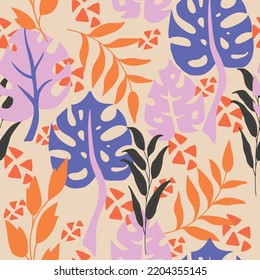 Seamless floral pattern with monstera leaves. Print for textile, wallpaper, covers, surface. For fashion fabric. Retro stylization.