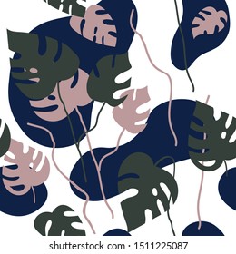 Seamless floral pattern with monstera and tropical leaves. It can be used on fabric, wallpaper, wrapping paper or package.