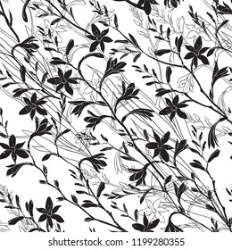 Seamless floral pattern with montbretia. Vector monochrome illustration on a white background.