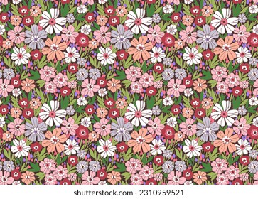 Patrón floral sin foco. Estilo mosaico, composición de piezas de azulejos, terrazo. Los corales, las lilas y las flores blancas son preciosos y están esparcidos en un fondo marrón. Flores de vidrio manchado.