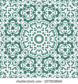 Seamless floral pattern motif coloring a mandala drawn with a pen. green, turquoise, yellow-green and white. fabric, motifs. Vector, abstract mandala flower. Decorative elements for design. EPS 10.