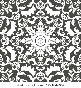 Seamless floral pattern motif coloring mandala drawn with a pen. black and white. Ethnic, fabric, motifs. Vector, abstract flower mandala. Decorative elements for design. EPS 10