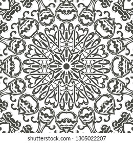 Seamless floral pattern motif coloring mandala drawn with a pen. black and white. Ethnic, fabric, motifs. Vector, abstract flower mandala. Decorative elements for design. EPS 10