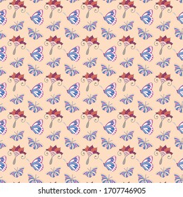 Seamless floral pattern motif coloring of mehendi, butterfly is drawn with a pen. Ethnic, fabric, motifs, scrapbooking, cover, tablecloth. Decorative elements for the design. EPS 