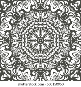 Seamless floral pattern motif coloring mandala drawn with a pen. black and white. Ethnic, fabric, motifs. Vector, abstract flower mandala. Decorative elements for design. EPS 10.