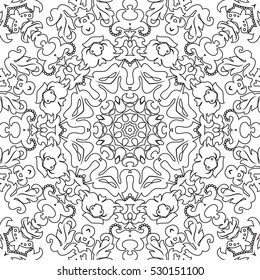 Seamless floral pattern motif coloring mandala drawn with a pen. black and white. Ethnic, fabric, motifs. Vector, abstract flower mandala. Decorative elements for design. EPS 10.