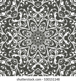 Seamless floral pattern motif coloring mandala drawn with a pen. black and white. Ethnic, fabric, motifs. Vector, abstract flower mandala. Decorative elements for design. EPS 10.