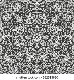 Seamless floral pattern motif coloring mandala drawn with a pen. black and white. Ethnic, fabric, motifs. Vector, abstract flower mandala. Decorative elements for design. EPS 10.