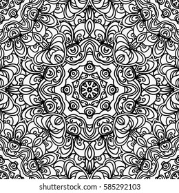 Seamless floral pattern motif coloring mandala drawn with a pen. black and white. Ethnic, fabric, motifs. Vector, abstract flower mandala. Decorative elements for design. EPS 10.