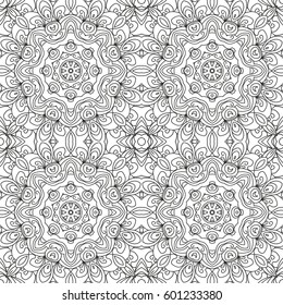 Seamless floral pattern motif coloring mandala drawn with a pen. black and white. Ethnic, fabric, motifs. Vector, abstract flower mandala. Decorative elements for design. EPS 10.