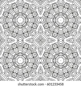 Seamless floral pattern motif coloring mandala drawn with a pen. black and white. Ethnic, fabric, motifs. Vector, abstract flower mandala. Decorative elements for design. EPS 10.