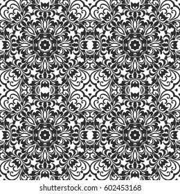 Seamless floral pattern motif coloring mandala drawn with a pen. black and white. Ethnic, fabric, motifs. Vector, abstract flower mandala. Decorative elements for design. EPS 10.