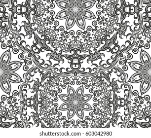 Seamless floral pattern motif coloring mandala drawn with a pen. black and white. Ethnic, fabric, motifs. Vector, abstract flower mandala. Decorative elements for design. EPS 10.