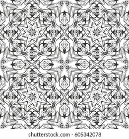 Seamless floral pattern motif coloring mandala drawn with a pen. black and white. Ethnic, fabric, motifs. Vector, abstract flower mandala. Decorative elements for design. EPS 10.