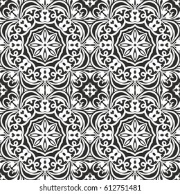 Seamless floral pattern motif coloring mandala drawn with a pen. black and white. Ethnic, fabric, motifs. Vector, abstract flower mandala. EPS 10.
