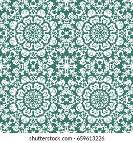 Seamless floral pattern motif coloring a mandala drawn with a pen. green, turquoise, yellow-green and white. fabric, motifs. Vector, abstract mandala flower. Decorative elements for design. EPS 10.