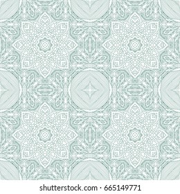 Seamless floral pattern motif coloring a mandala drawn with a pen. green, turquoise, yellow-green and white. fabric, motifs. Vector, abstract mandala flower. Decorative elements for design. EPS 10.