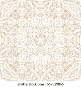 Seamless floral pattern motif coloring a mandala drawn with a pen. gold, yellow and white. Ethnic, fabric, motifs. Vector, abstract mandala flower. Decorative elements for design. EPS 10.