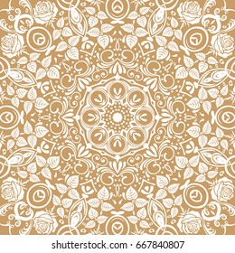 Seamless floral pattern motif coloring a mandala drawn with a pen. gold, yellow and white. Ethnic, fabric, motifs. Vector, abstract mandala flower. Decorative elements for design. EPS 10.