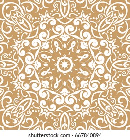 Seamless floral pattern motif coloring a mandala drawn with a pen. gold, yellow and white. Ethnic, fabric, motifs. Vector, abstract mandala flower. Decorative elements for design. EPS 10.