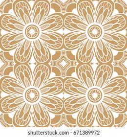 Seamless floral pattern motif coloring a mandala drawn with a pen. gold, and white. Ethnic, fabric, motifs. Vector, abstract mandala flower. Decorative elements for design. EPS 10.