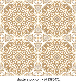 Seamless floral pattern motif coloring a mandala drawn with a pen. gold and white. Ethnic, fabric, motifs. Vector, abstract mandala flower. Decorative elements for design. EPS 10.