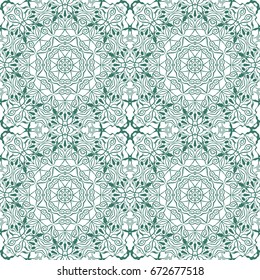 Seamless floral pattern motif coloring a mandala drawn with a pen. green, turquoise and white. fabric, motifs. Vector, abstract mandala flower. Decorative elements for design. EPS 10.