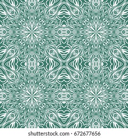 Seamless floral pattern motif coloring a mandala drawn with a pen. green, turquoise and white. fabric, motifs. Vector, abstract mandala flower. Decorative elements for design. EPS 10.