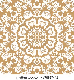 Seamless floral pattern motif coloring a mandala drawn with a pen. gold, yellow and white. Ethnic, fabric, motifs. Vector, abstract mandala flower. Decorative elements for design. EPS 10.