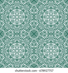 Seamless floral pattern motif coloring a mandala drawn with a pen. green, turquoise and white. fabric, motifs. Vector, abstract mandala flower. Decorative elements for design. EPS 10.