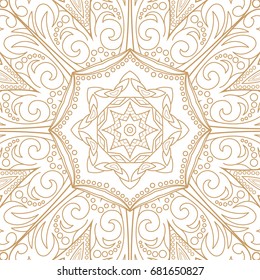 Seamless floral pattern motif coloring a mandala drawn with a pen. gold, yellow and white. Ethnic, fabric, motifs. Vector, abstract mandala flower. Decorative elements for design. EPS 10.