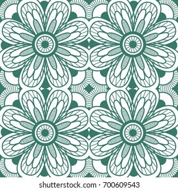 Seamless floral pattern motif coloring a mandala drawn with a pen. green, turquoise, yellow-green and white. fabric, motifs. Vector, abstract mandala flower. Decorative elements for design. EPS 10.