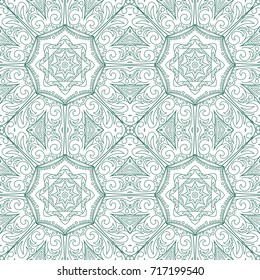 Seamless floral pattern motif coloring a mandala drawn with a pen. green, turquoise, yellow-green and white. fabric, motifs. Vector, abstract mandala flower. Decorative elements for design. EPS 10.