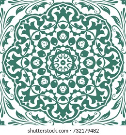 Seamless floral pattern motif coloring a mandala drawn with a pen. green, turquoise, yellow-green and white. fabric, motifs. Vector, abstract mandala flower. Decorative elements for design. EPS 10.
