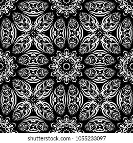 Seamless floral pattern motifs suitable for wallpaper and fabric design. Vector illustration. Monochrome
