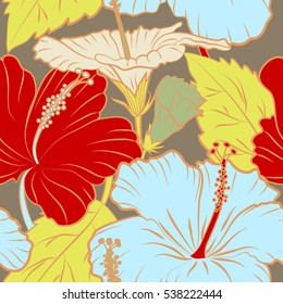 Seamless floral pattern with multicolor flowers, leaves and buds on beige background. Vector flower illustration. Seamless pattern with multicolored floral motif. Watercolor effect.