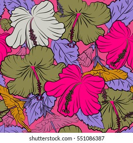Seamless floral pattern with multicolor flowers, leaves and buds on pink background. Vector flower illustration. Seamless pattern with multicolored floral motif.
