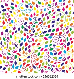 Seamless floral pattern: multicolor swirls and leaves on white background. Vector illustration.
