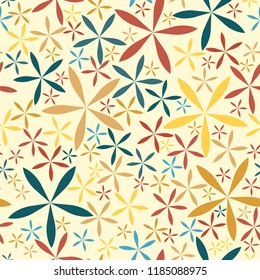 Seamless floral pattern of multi-colored flowers. Flowers consist of five petals. Simple shapes, different sizes. A cheerful background.
