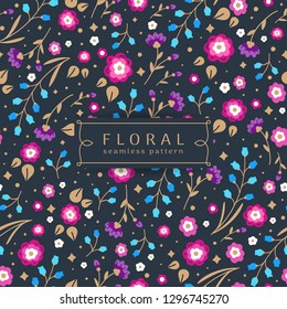 Seamless floral pattern. Multicolored flowers with Golden leaves on blue background. Vector illustration in modern style
