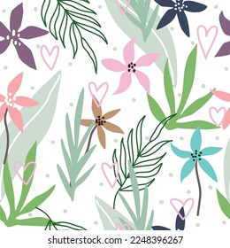 Seamless floral pattern with multicolored flowers, leaves and hand drawn hearts.  used for wallpaper  Textiles and prints.Valentine's day vector