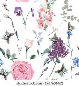 Seamless floral pattern with multi-colored garden flowers, leaves and wild flowers on a white background. Hand drawn, high realistic,spring flowers for fabric, prints, decoration, invitation cards.