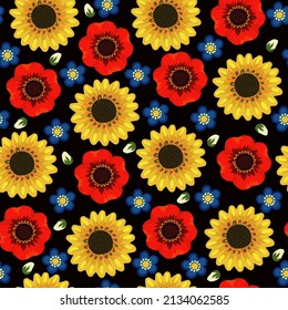 Seamless floral pattern. Multicolored sunflowers, poppies, forget-me-nots.Yellow, red, blue colors on a black background. Used for textiles, prints, polygraphy.