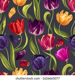 Seamless floral pattern with multi-colored tulip flowers, leaves and petals on a  black background. Hand drawn, high realistic, vector,spring  flowers for fabric, prints, decoration, invitation cards.