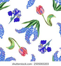 Seamless floral pattern with muscari, tulips, and irises, vector illustration 