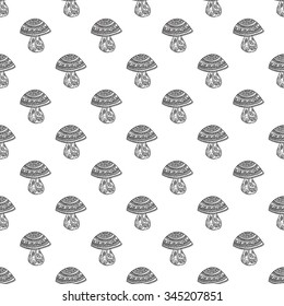 Seamless floral pattern mushrooms grow. Black and white graphics, painted by hand. For the design and decoration background, wallpaper, packaging, fabrics, textiles.